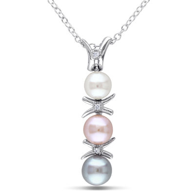 4.5-6.0mm Multi-Colour Freshwater Cultured Pearl and Diamond Accent  "X" and "O" Pendant in Sterling Silver