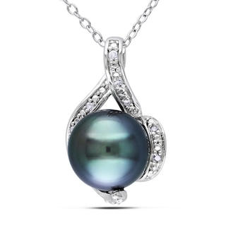 9.0-9.5mm Black Tahitian Cultured Pearl and 0.05 CT. T.W. Diamond Loop Pendant in Sterling Silver