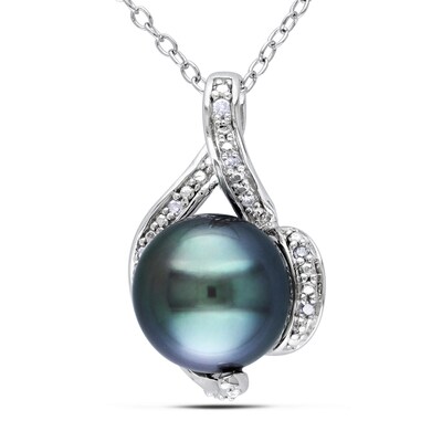 9.0-9.5mm Black Tahitian Cultured Pearl and 0.05 CT. T.W. Diamond Loop Pendant in Sterling Silver