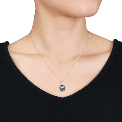 9.0-9.5mm Black Tahitian Cultured Pearl and 0.05 CT. T.W. Diamond Loop Pendant in Sterling Silver