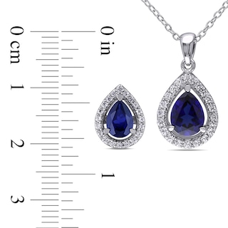 Pear-Shaped Blue and White Lab-Created Sapphire Frame Pendant and Stud Earrings Set in Sterling Silver