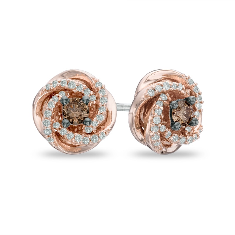 0.25 CT. T.W. Champagne and White Diamond Love Knot Stud Earrings in 10K Rose Gold|Peoples Jewellers