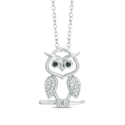 0.10 CT. T.W. Enhanced Black and White Diamond Owl Pendant in Sterling Silver