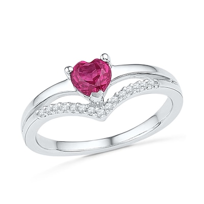 4.0mm Heart-Shaped Lab-Created Ruby and Diamond Accent Midi Ring in Sterling Silver