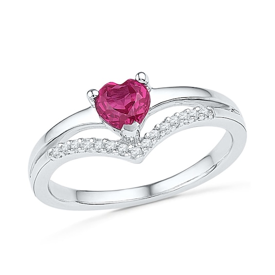 4.0mm Heart-Shaped Lab-Created Ruby and Diamond Accent Midi Ring in Sterling Silver