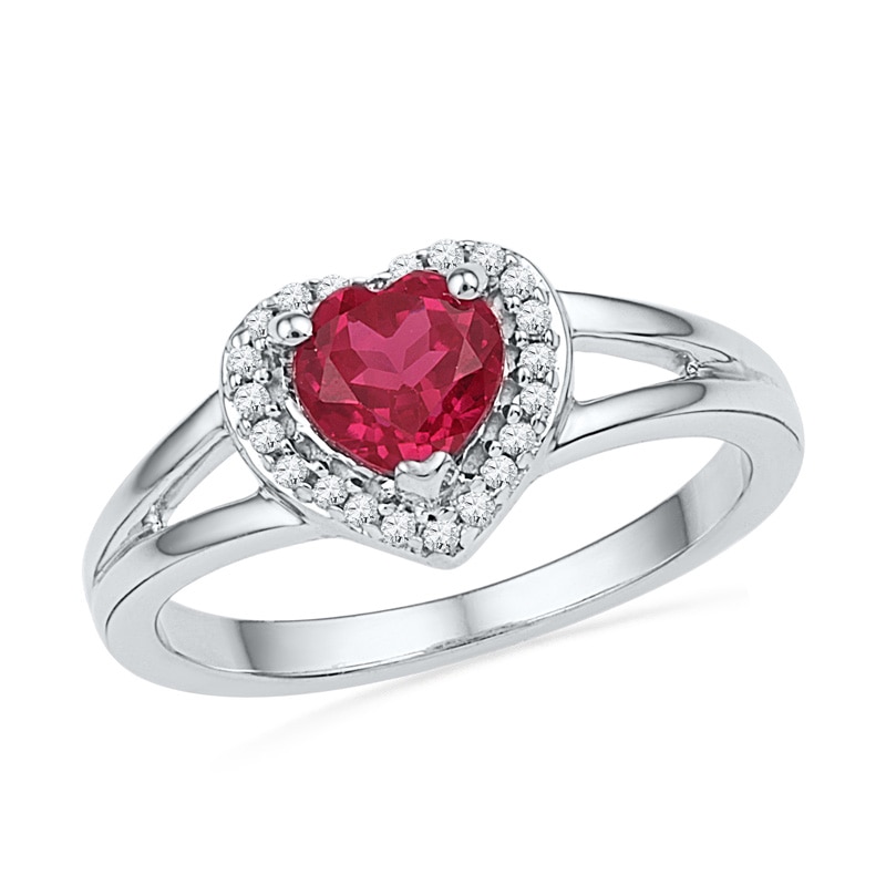 5.0mm Heart-Shaped Lab-Created Ruby and Diamond Accent Frame Midi Ring in Sterling Silver|Peoples Jewellers