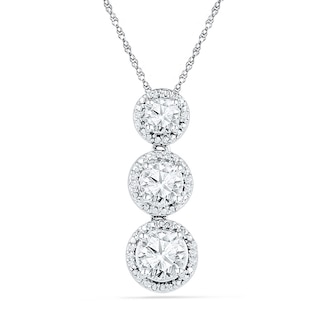 Lab-Created White Sapphire and Diamond Accent Three Stone Frame Pendant in Sterling Silver