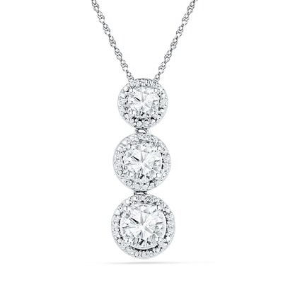 Lab-Created White Sapphire and Diamond Accent Three Stone Frame Pendant in Sterling Silver