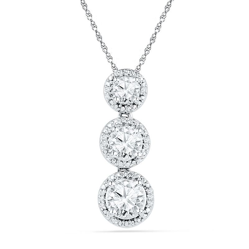 Lab-Created White Sapphire and Diamond Accent Three Stone Frame Pendant in Sterling Silver|Peoples Jewellers