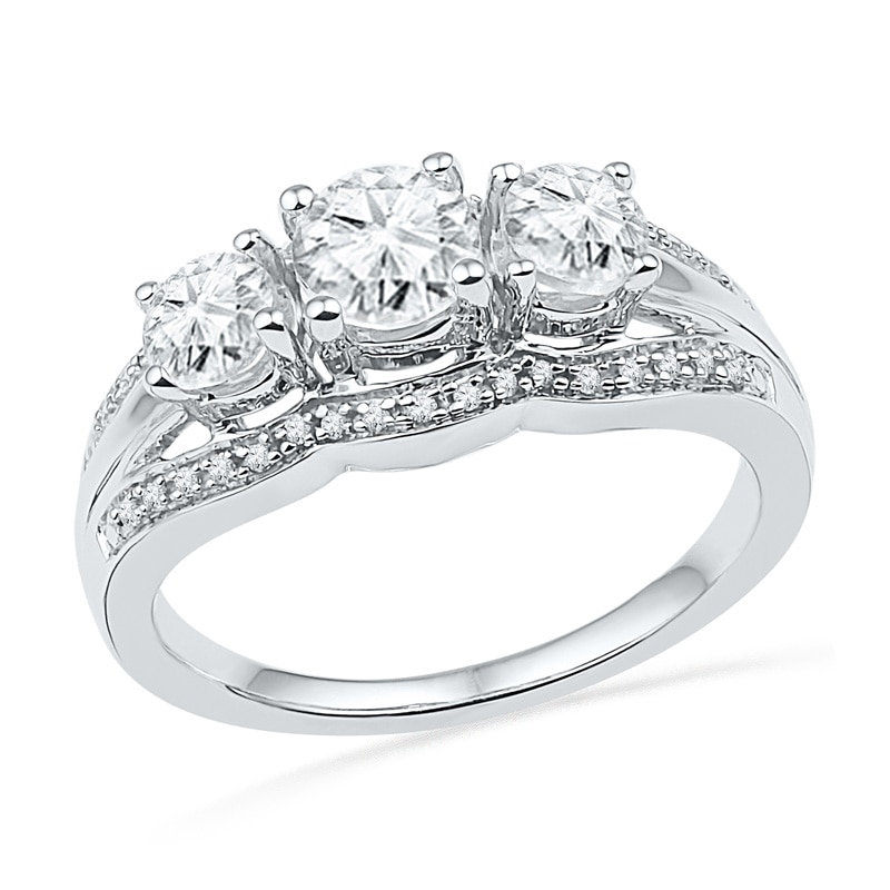 Lab-Created White Sapphire and 0.09 CT. T.W. Diamond Frame Three Stone Ring in Sterling Silver|Peoples Jewellers
