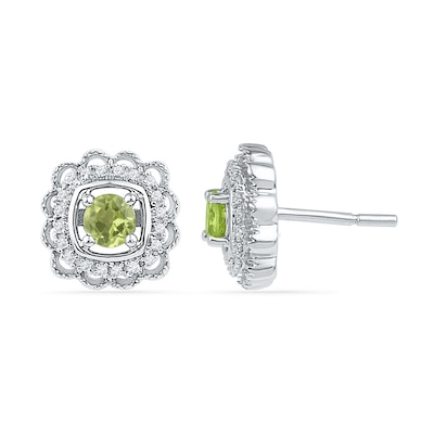 4.0mm Peridot and 0.12 CT. T.W. Diamond Flower Frame Stud Earrings in Sterling Silver