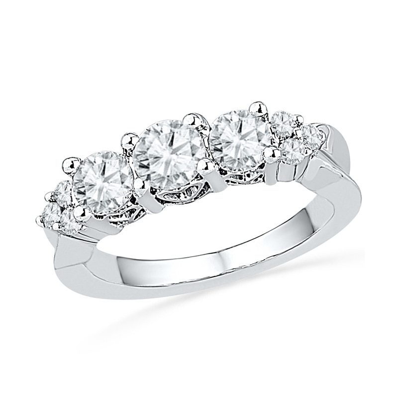 Lab-Created White Sapphire and 0.12 CT. T.W. Diamond Three Stone Ring in Sterling Silver