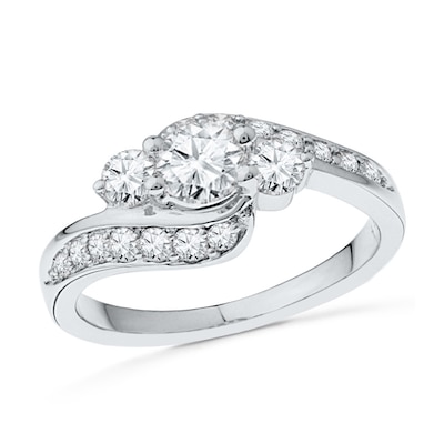 Lab-Created White Sapphire Three Stone Bypass Ring in 10K White Gold