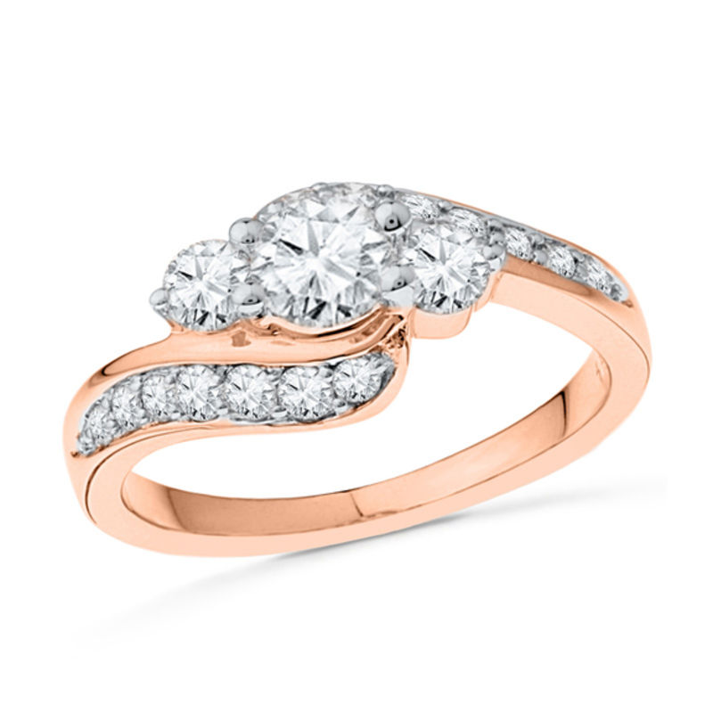 Lab-Created White Sapphire Three Stone Bypass Ring in 10K Rose Gold|Peoples Jewellers