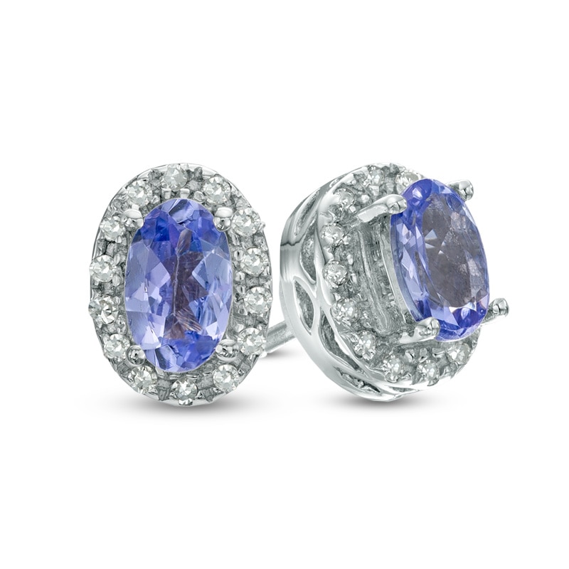 Oval Tanzanite and Diamond Accent Frame Stud Earrings in Sterling Silver|Peoples Jewellers