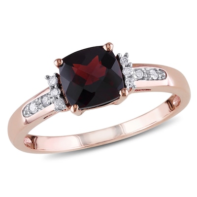 6.0mm Cushion-Cut Garnet and 0.05 CT. T.W. Diamond Ring in 10K Rose Gold