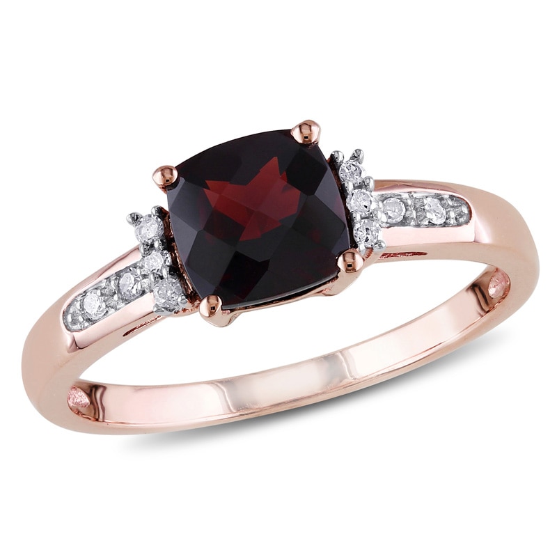 6.0mm Cushion-Cut Garnet and 0.05 CT. T.W. Diamond Ring in 10K Rose Gold|Peoples Jewellers