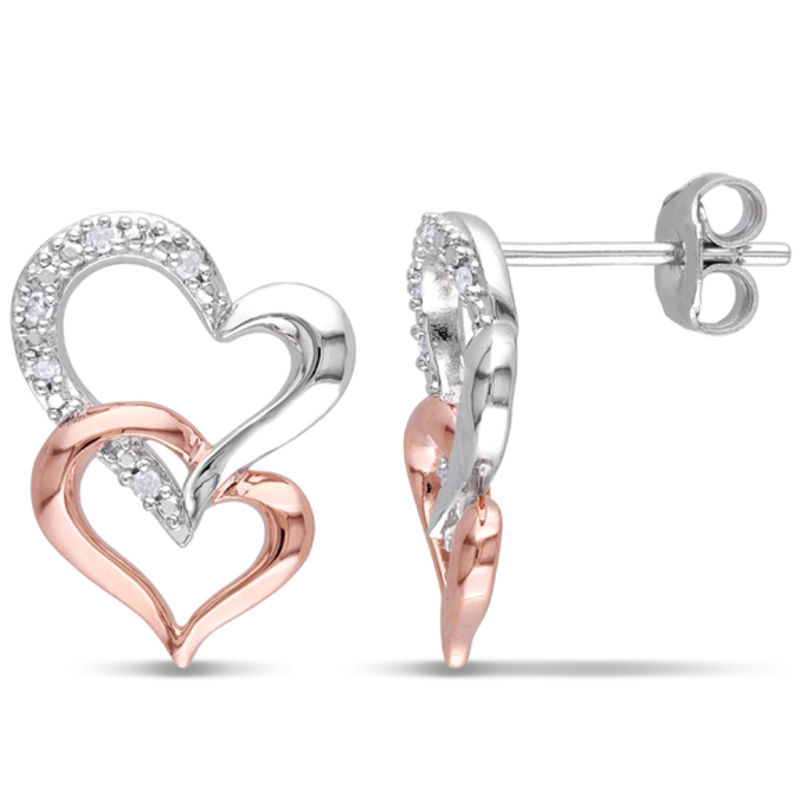0.05 CT. T.W. Diamond Double Heart Drop Earrings in Two-Tone Sterling Silver