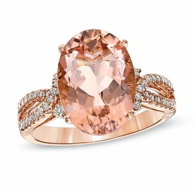 Oval Morganite and 0.19 CT. T.W. Diamond Split Shank Ring in 14K Rose Gold