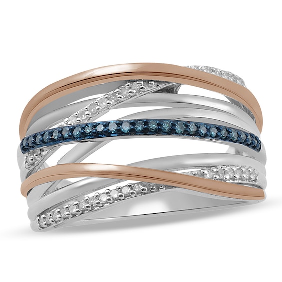 0.20 CT. T.W. Enhanced Blue and White Diamond Layered Rows Ring in Sterling Silver and 10K Rose Gold