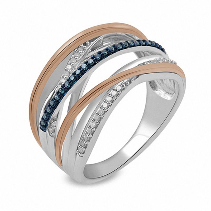 0.20 CT. T.W. Enhanced Blue and White Diamond Layered Rows Ring in Sterling Silver and 10K Rose Gold