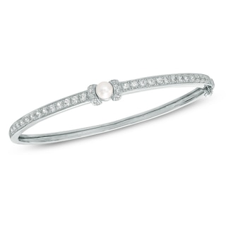 5.5-6.0mm Freshwater Cultured Pearl and Lab-Created White Sapphire Bangle in Sterling Silver-7.25"