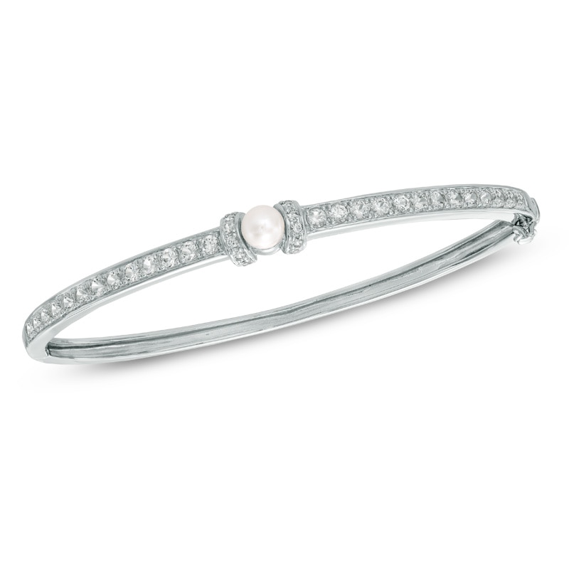 5.5-6.0mm Freshwater Cultured Pearl and Lab-Created White Sapphire Bangle in Sterling Silver-7.25"|Peoples Jewellers
