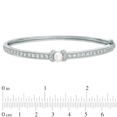 5.5-6.0mm Freshwater Cultured Pearl and Lab-Created White Sapphire Bangle in Sterling Silver-7.25"