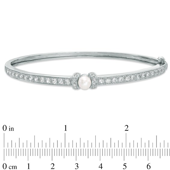 5.5-6.0mm Freshwater Cultured Pearl and Lab-Created White Sapphire Bangle in Sterling Silver-7.25"