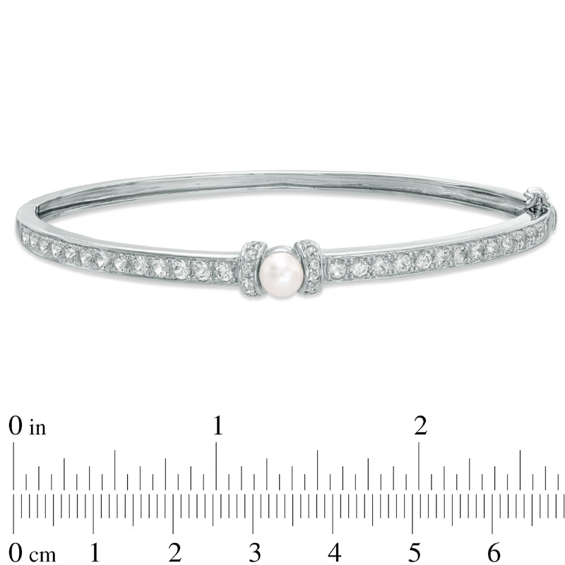 5.5-6.0mm Freshwater Cultured Pearl and Lab-Created White Sapphire Bangle in Sterling Silver-7.25"|Peoples Jewellers