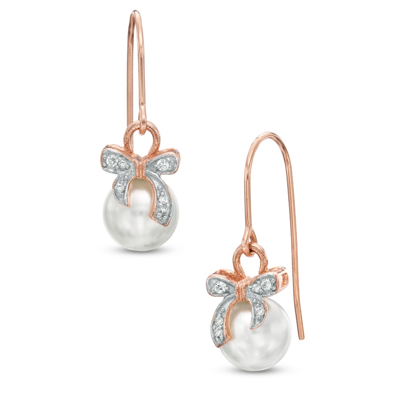 7.5-8.0mm Freshwater Cultured Pearl and Lab-Created White Sapphire Earrings in Sterling Silver with 18K Rose Gold Plate|Peoples Jewellers