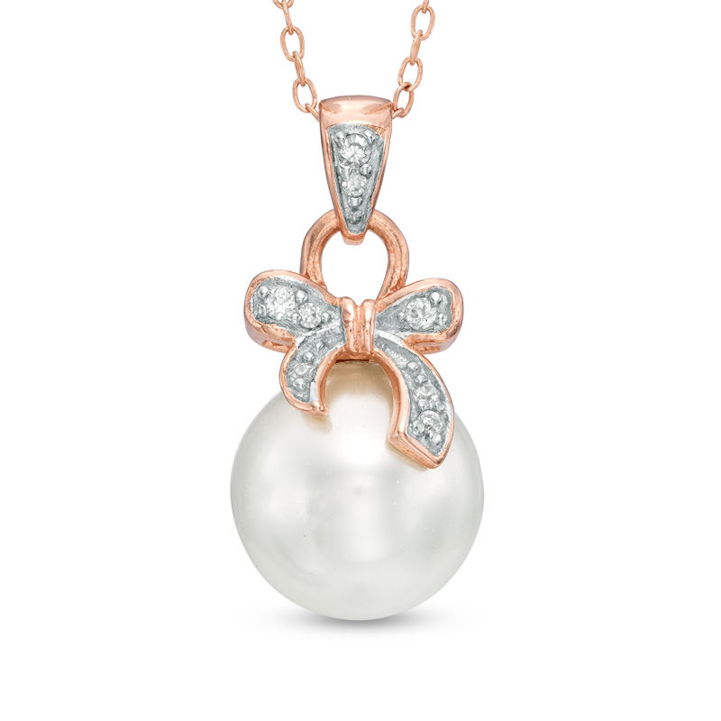 9.5mm Freshwater Cultured Pearl and Lab-Created White Sapphire Pendant in Sterling Silver with 18K Rose Gold Plate|Peoples Jewellers