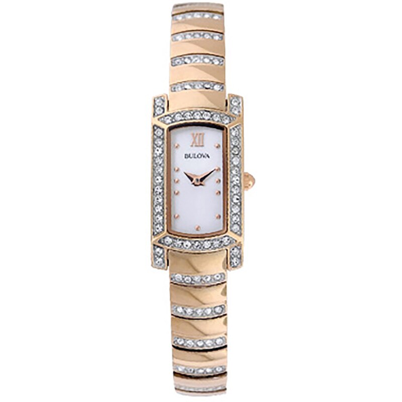 Ladies' Bulova Crystal Accent Rose-Tone Watch with Rectangular Mother-of-Pearl Dial (Model: 98L205)|Peoples Jewellers