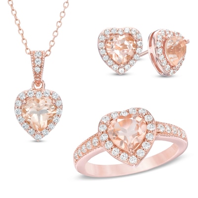 Pink Quartz Doublet and Lab-Created White Sapphire Three Piece Set in Sterling Silver with 18K Rose Gold Plate