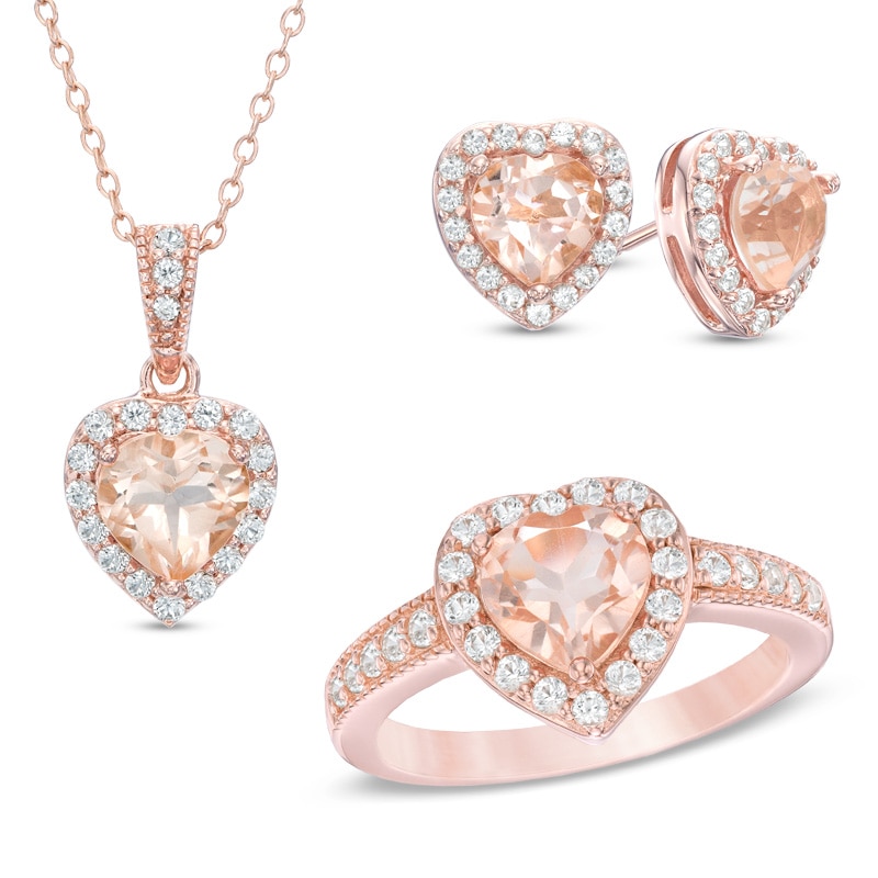 Pink Quartz Doublet and Lab-Created White Sapphire Three Piece Set in Sterling Silver with 18K Rose Gold Plate|Peoples Jewellers