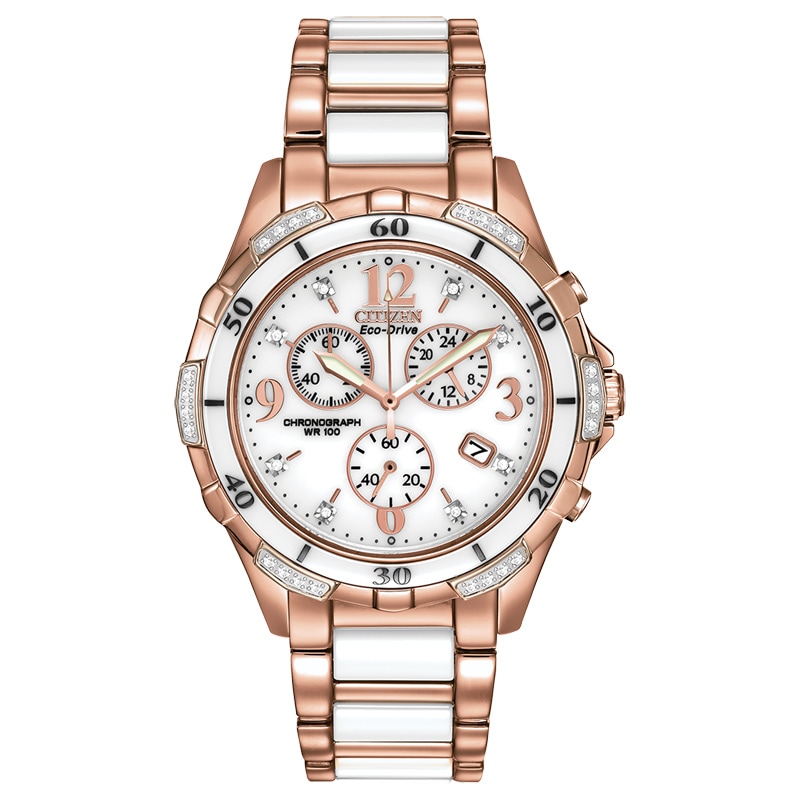 Ladies' Citizen Eco-Drive® Silhouette Chronograph Diamond Two-Tone Ceramic Watch with White Dial (Model: FB1233-51A)