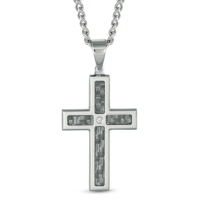 Men's Diamond Accent and Grey Carbon fibre Stacked Cross Pendant in Stainless Steel - 24"