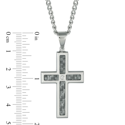 Men's Diamond Accent and Grey Carbon fibre Stacked Cross Pendant in Stainless Steel - 24"