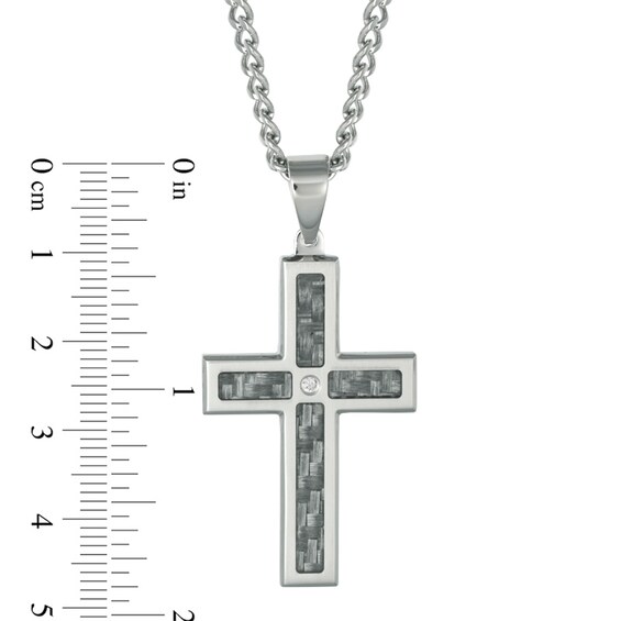 Men's Diamond Accent and Grey Carbon fibre Stacked Cross Pendant in Stainless Steel - 24"