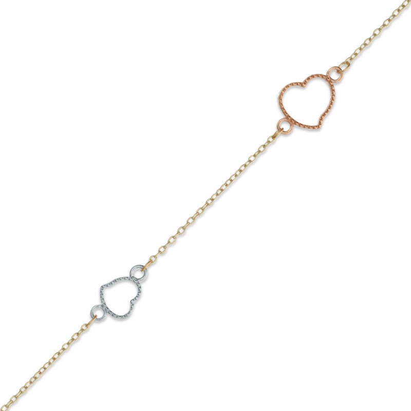 Textured Heart Anklet in 10K Tri-Tone Gold - 10"|Peoples Jewellers