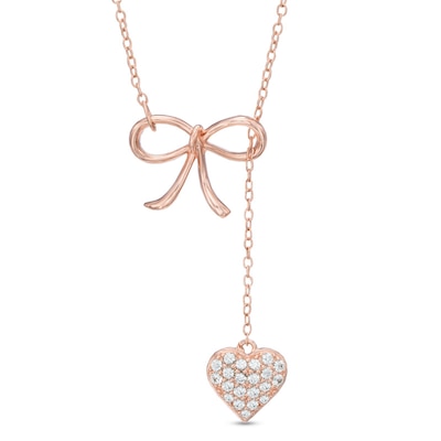 Lab-Created White Sapphire Bow Heart Lariat-Style Necklace in Sterling Silver with 18K Rose Gold Plate - 18.5"