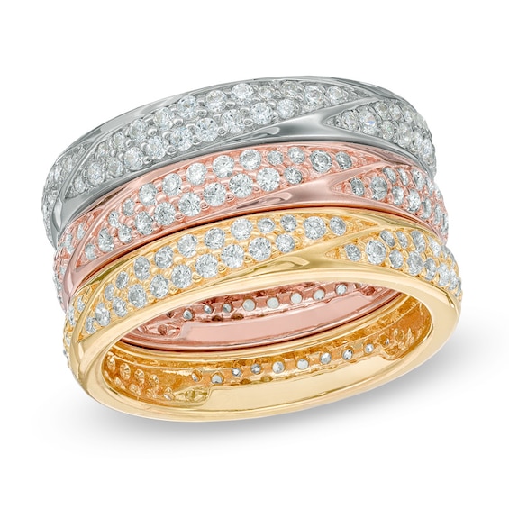 Lab-Created White Sapphire Stack Three Ring Set in Sterling Silver and 18K Two-Tone Gold Plate