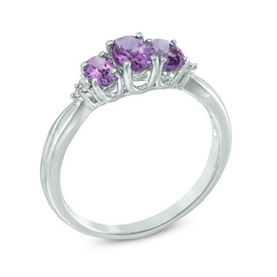 Oval Amethyst and Lab-Created White Sapphire Three Stone Ring in 10K White Gold