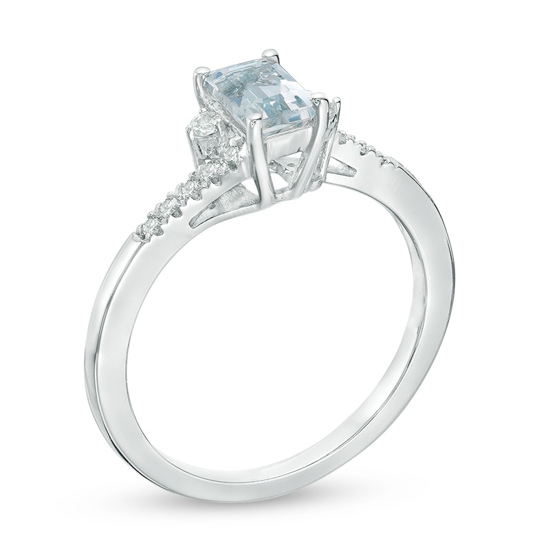 Emerald-Cut Aquamarine, White Topaz and Diamond Accent Ring in 10K White Gold|Peoples Jewellers
