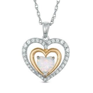 6.0mm Heart-Shaped Lab-Created Opal and White Lab-Created Sapphire Heart Pendant in Sterling Silver with 14K Gold Plate