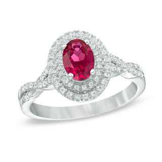 Oval Lab-Created Ruby and White Sapphire Double Frame Ring in 10K White Gold