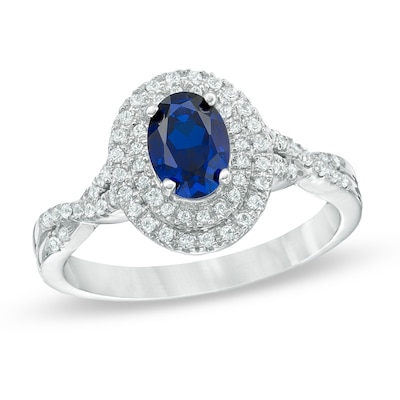 Oval Lab-Created Blue and White Sapphire Double Frame Ring in 10K White Gold