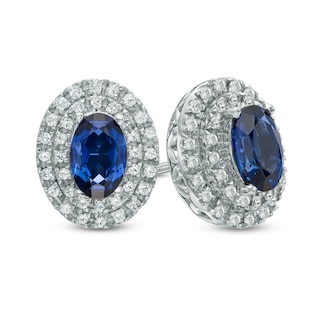 Oval Lab-Created Blue and White Sapphire Frame Stud Earrings in 10K White Gold