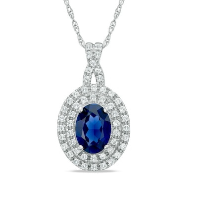 Oval Lab-Created Blue and White Sapphire Frame Pendant in 10K White Gold