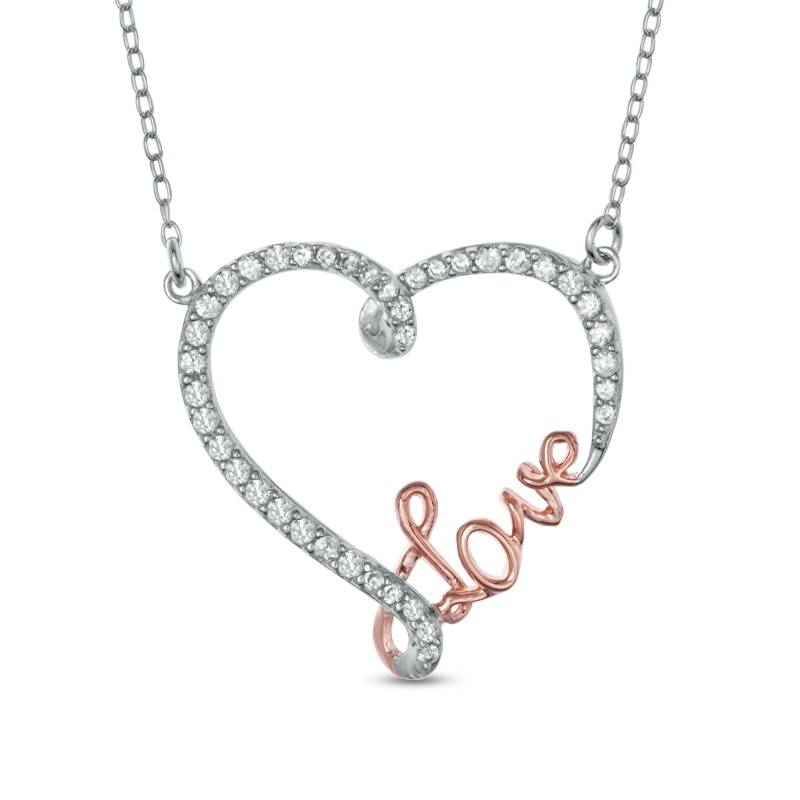 Lab-Created White Sapphire "Love" Heart Pendant in Sterling Silver with 18K Rose Gold Plate|Peoples Jewellers